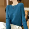 Suave con la piel, 100% transpirable, suéter de punto clásico de cuello redondo para mujer de primera línea, estilo lana otoño/invierno, rosa elegante
