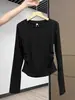 Camiseta de Algodón Puro Gris Oscuro de Hombro Normal de Manga Larga para Mujer, Otoño, Combina con Pantalones de Pierna Ancha, Top Base Ajustador de Cintura Plisado Adelgazante