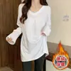 Camiseta Base Blanca de Manga Larga con Cuello en V para Mujer, Estilo Primavera y Otoño, Corte Holgado, Adelgazante, de Longitud Media, Cubre las Caderas, Camiseta para Usar en Capas
