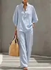 2026 Conjunto de Duas Peças Moda Feminina Casual Europeia e Americana Amazon com Listras, Manga Curta, Bolsos e Calça Pantalona