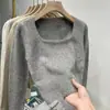 Suéter de Punto Suave con Cuello Cuadrado para Mujer, Diseño que Expone la Clavícula, Top de Capa Base Pulóver Otoño/Invierno 2025