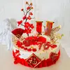 Decoração de bolo de aniversário com galho de Flor de Ameixa Vermelha Grande, topo de bolo com avô e avó, decoração de aniversário estilo chinês