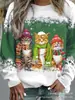 Camiseta Feminina Estampa Boneco de Neve de Natal 2025 Estilo Europeu e Americano Manga Longa Gola Redonda Solta e Macia Top Transfronteiriço