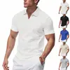 Camisa Polo Esportiva Casual Solta de Verão Estilo Americano Transfronteiriça com Gola V de Waffle de Manga Curta para Homens