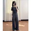 Atuendo casual de verano para mujeres petite: Conjunto de dos piezas de color liso con top de manga corta con cintura de corbata y pantalones casuales de pierna ancha