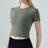 Ropa de Fitness Yoga de Primavera y Verano para Mujer Camiseta Deportiva de Manga Corta y Cuello Redondo de Secado Rápido para Correr Color Sólido Ajustada Transfronteriza