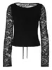 Ropa de Invierno Nueva Transfronteriza Europea y Americana para Mujer Color Sólido Manga Larga Encaje Patchwork Sexy con Cordones Espalda Abierta Ajustado Camiseta Top