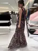 Vestido Sexy sin Mangas de Cuello Halter en V con Cinturón de Cinta y Espalda Descubierta de Malla de Lunares para Mujer, Vestido Largo de Verano Estilo Vacaciones Transfronterizas