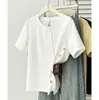 Camiseta informal de verano para mujer talla grande, nuevo diseño de nicho, botones diagonales, abertura, cuello redondo, manga corta 0619