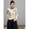 Suéter de Tricô Listrado Fresco Estilo Coreano para Mulheres Primavera/Outono Blocos de Cor Bordado de Coração Modelagem Justa Roupa de Baixo Camada Base Manga Longa