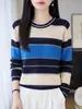Suéter Listrado Colorido de Lã Fina com Patchwork Gola Redonda Feminino Outono Inverno Retrô Estilo College Top Versátil de Tricô com Temperamento