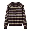 Cárdigan de Punto Rayado Retro Color-Block para Mujer, Estilo Coreano, Nuevo Otoño/Invierno, Casual, Adelgazante, Elegante, Versátil Suéter