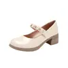 Sapatos Mary Jane Estilo Novo Primavera 2026 para Mulheres, Sapatos de Salto Grosso de Boca Rasa com Decoração de Pérolas, Sapatos de Couro Estilo Retro Gentil Francês