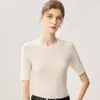 Camiseta de manga corta para mujer, cuello redondo, ajuste ceñido, de hilo Yangzi 100% lana de hilado fino, top de punto suave y cómodo