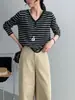 Suéter de Punto a Rayas Cuello en V Estilo Coreano No Devoluble Top Versátil Adelgazante para Mujer Y1494