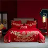 Juego de cuatro piezas de ropa de cama de algodón para boda, juego de seis piezas de algodón puro, algodón de fibra larga, colcha de boda dragón y fénix rojo brillante, artículos de boda
