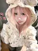 Moletom com Capuz e Orelhas Estilo Cartoon Retrô Americano para Mulheres Design Solto Nicho Casual Cardigan Jaqueta com Zíper
