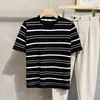 Camiseta Rayada de Manga Corta Retro a la Moda para Hombre Verano Moderna Delgada Casual Transpirable Versátil Cuello Redondo Manga Media