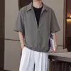 Camisa listrada de manga curta color block estilo retrô americano para homens e mulheres, novo estilo de verão, com zíper, corte solto, estilo japonês