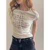 Camiseta de Manga Corta con Letra Gris de Algodón 40 Hilos 92 Algodón 8 Spandex para Mujer Top Ajustado con Lazo Tendencia para Mujer