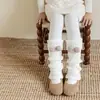 Botas e Meias de Algodão para Meninas com Laços, Meias com Barra Estilo Floresta, Meias Grossas de Lã Tricotada para Panturrilha de Outono e Inverno