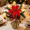 Vaso de linho transfronteiriço personalizado com ornamentos de flor de Natal de frutas vermelhas, decoração de casa para as festas de Natal, planta em vaso poinsettia artificial