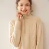 Suéter de cachemira de montaña para mujer, otoño e invierno, cuello alto, hombros engrosados, media cremallera, tejido trenzado, nicho, 2024