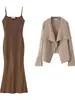 Conjunto de Moda para Mujer Tallas Grandes Runqi 9554 Estilo Francés Satén Pesado de Doble Cara Cuello en V Corte Asimétrico Vestido de Tirantes Sirena
