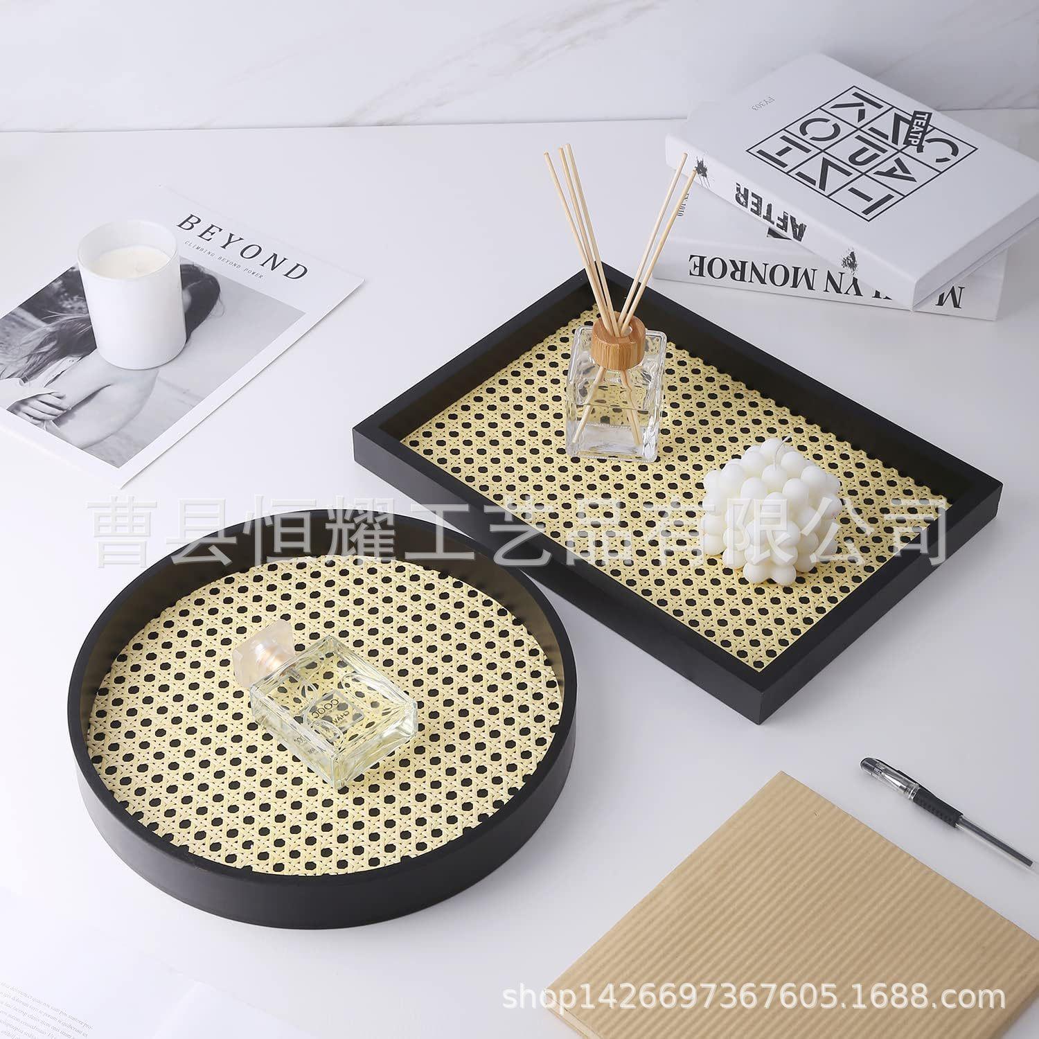 木质香薰托盘 藤编收纳盘桌面饰品盘 北欧风家用茶盘复古BSC