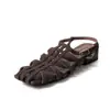 Sandalias tejidas de cuero genuino con espalda descubierta para mujer, sandalias de pescador, nuevo estilo de verano, sandalias de cuero genuino con punta cuadrada, caladas y de tacón bajo para mujer