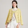 Jaqueta dupla de botão estilo Chanel, avançada e doce, versátil para primavera e outono, top curto de temperamento com gola redonda de celebridade francesa