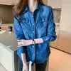 Foto real# Camisa de mezclilla para mujer 2021 Primavera y Otoño Nueva camisa fina de base abrigo de moda azul claro azul oscuro