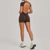 Macacão de Uma Peça Cor de Areia de Outono com Levanta Bumbum e Decote Profundo nas Costas, Macacão Justo para Yoga, Esportes, Fitness e Corrida 12142