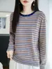 Top de punto de manga larga a rayas para mujer de principios de otoño, diseño clásico de bloques de color, suave y cómodo, corte ajustado y favorecedor