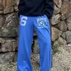 Estilo callejero europeo y americano, azul, corte holgado, pierna ancha, unisex, bordado con estampados de letras, pantalones deportivos casuales de pierna recta