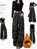 Calça Jeans Flare Camuflada Retro Americana Tamanho Plus Veludo Grosso Espessado Feminina Inverno Nova Solta Cintura Alta Perna Reta