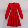 Otoño e invierno nueva moda color liso estilo casual vestido niñas estilo western manga larga vestido suéter tejido