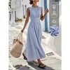 Vestido longo sem mangas verde menta, estilo europeu e americano, vestido acinturado, saia longa com barra larga, adequado para férias e uso casual, transfronteiriço