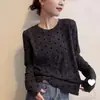Camiseta Básica de Manga Larga con Estampado de Lunares Grises Nueva Otoño Cuello Redondo Holgada para Mujer Versátil Casual Blusa