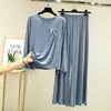 Conjunto de Camiseta de Manga Larga con Volantes y Pantalones Anchos Casuales con Lazo y Cuello Redondo para Mujer, Atuendo Único de Dos Piezas, Nuevo para Primavera/Verano