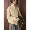 Cardigan Tricotado de Inverno Novo Estilo Coreano Simples e Relaxado com Gola Alta, Zíper e Listras nas Axilas, Top Confortável e Quente para Mulheres
