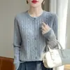 Atacado Transfronteiriço Primavera e Outono Gola Redonda Feminino Manga Longa Tricô em Ponto Trançado Cardigan Top, Peça de Roupa Externa Versátil Estilosa, Suéter Camada de Base