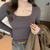 Selección Estricta de Camiseta Base de Talla Grande para Mujer Otoño e Invierno Hilo Modal Acanalado Cuello Cuadrado Ajustada Manga Larga Top Camiseta Interior Ropa Exterior