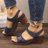 Novas Sandálias de Salto Grosso Estilo Europeu e Americano Transfronteiriças de Verão para Mulheres com Fivela de Uma Tira, Bico Aberto, Boca de Peixe, Sapatos Versáteis Vintage para Mulheres