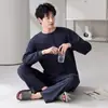 Pijama para hombre para otoño e invierno, 100% algodón, manga larga, pantalón largo, cuello redondo, corte holgado, casual, talla grande, conjunto de ropa de estar para jóvenes