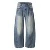 Calça Scimitar Yongfang Estilo Retrô Americano para Homens e Mulheres, Lavada e Desgastada com Textura, Silhueta Solta de Perna Larga, Calça Longa Estilo Banana