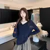 Blusa T-shirt de Tule Azul Marinho com Gola Meio Aberta, Mangas Longas, Proteção Solar para Mulheres, Top Soltinho Relaxado para o Verão, Ar Condicionado
