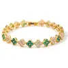 Pulseira Colorida de Pedra Preciosa Flor de Trevo de Quatro Folhas Transfronteiriça Europeia e Americana, Fashionável e Versátil, Luxo Leve com um Toque de Alto Padrão, Pulseira de Cobre Cravejada com Zircônia de Diamante Completo