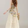 Top de tubo de doble capa, top de tubo floral irregular con fruncido en la cintura para mujer, blusa estampada de verano