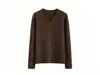 Cárdigan de Punto Fino Suave Tencel Lana Sin Costuras Cuello en V Minimalista Versátil Dobladillo Enrollado Suéter Delgado para Mujer
